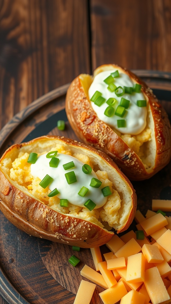 Twice-baked potatoes filled with cheese and garnished with green onions on a wooden table.
